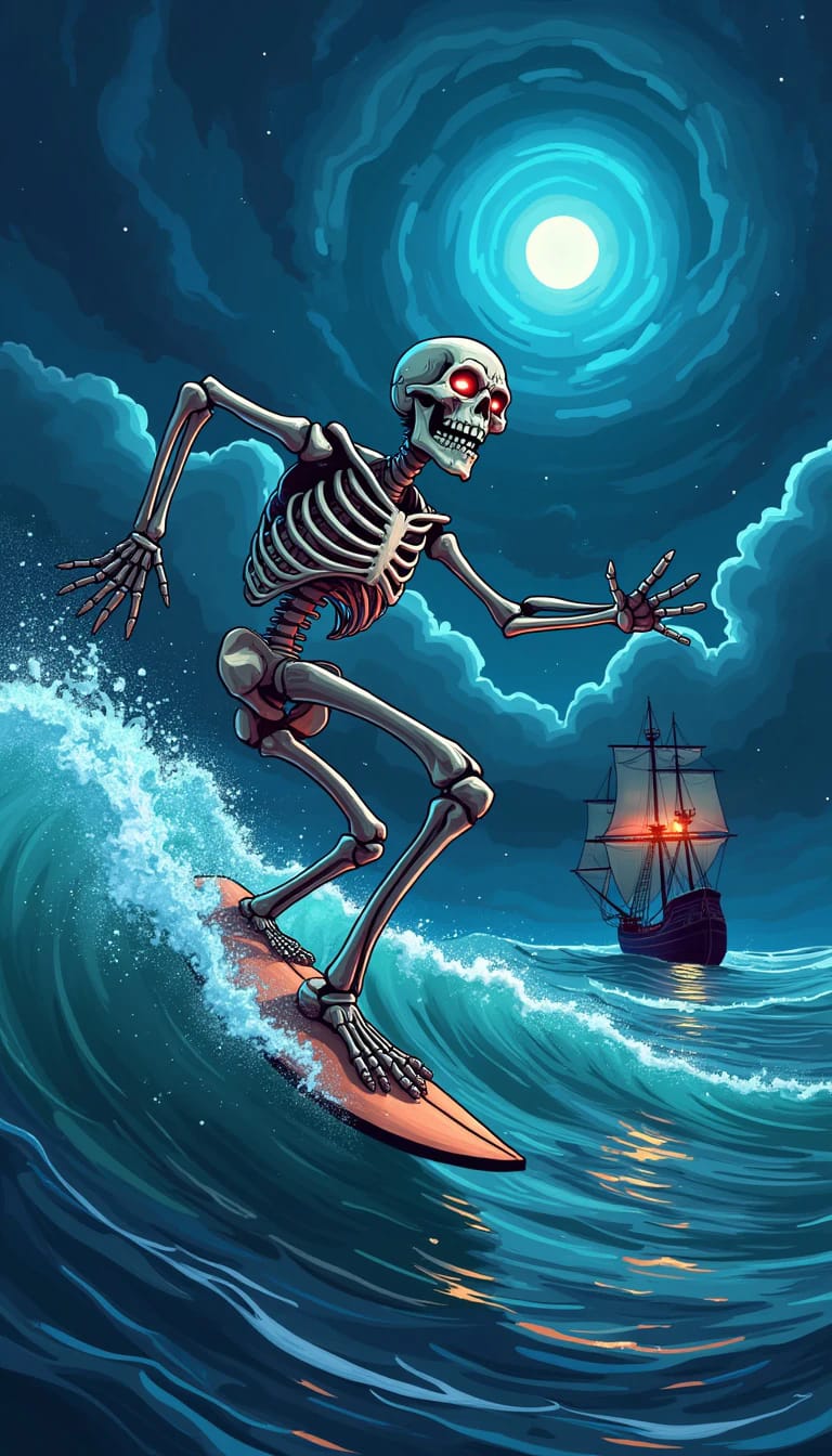 Skeletal Surfer on Nebula Waves