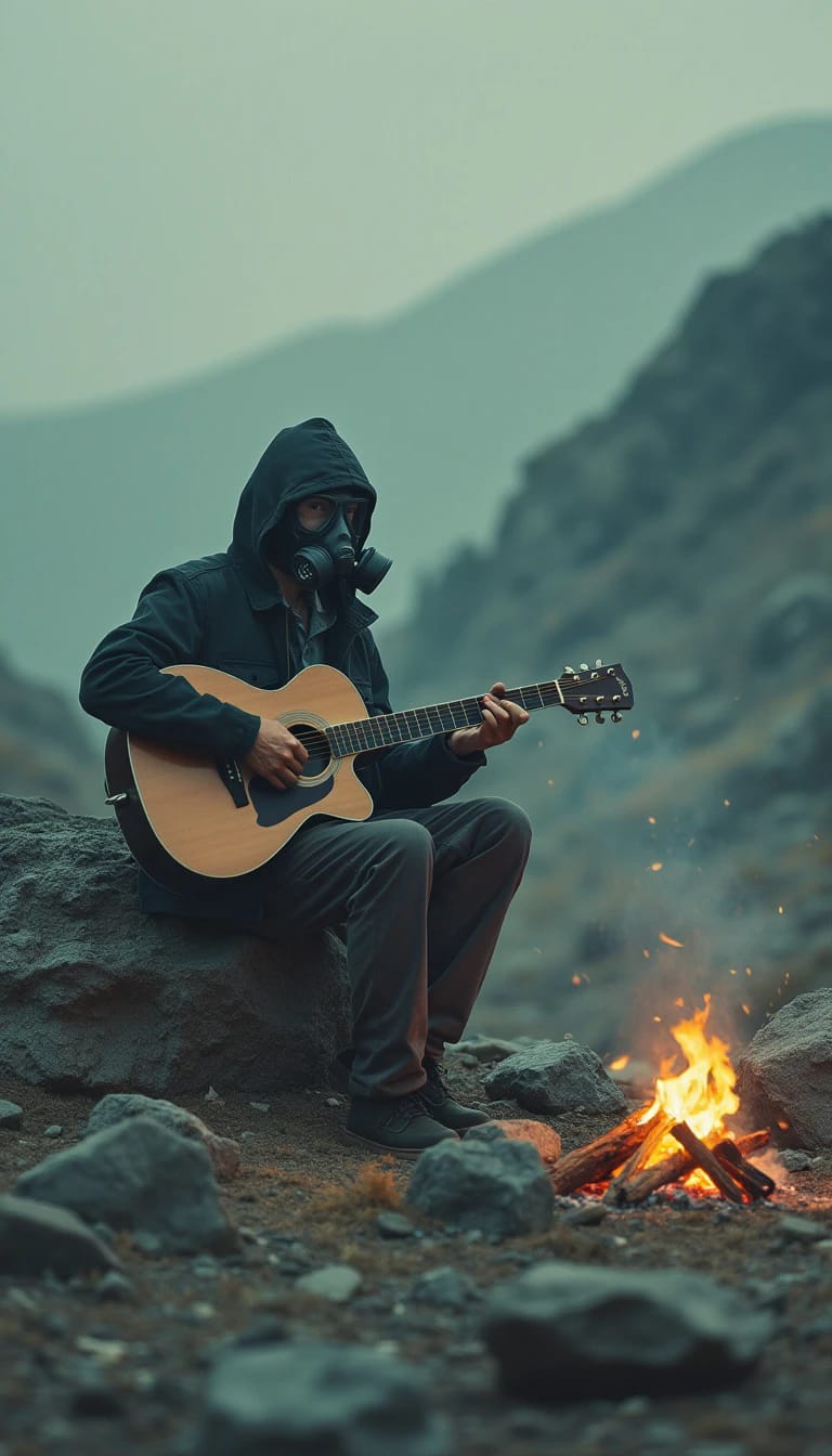 Gas Masked Guitarist in Desolate Landscape