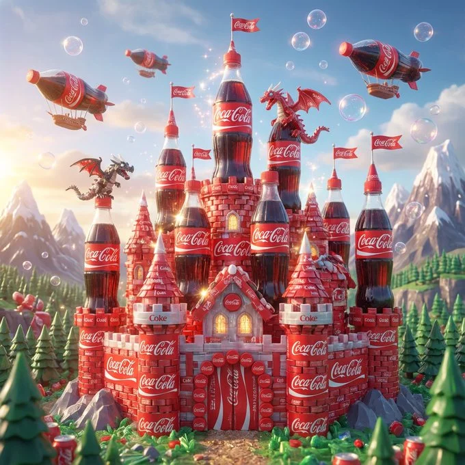 Whimsical Fantasy Castle with Orange-and-Green Theme and Fanta Bottle Labels, Playful Dragons and Soda-Themed 