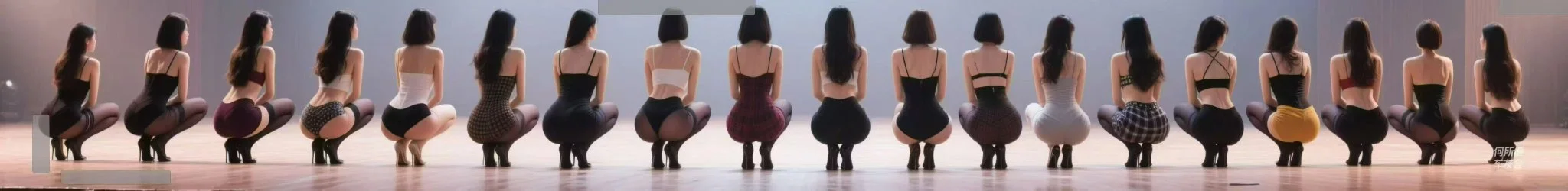 Wide Panoramic Stage Scene with Women in Synchronized Poses