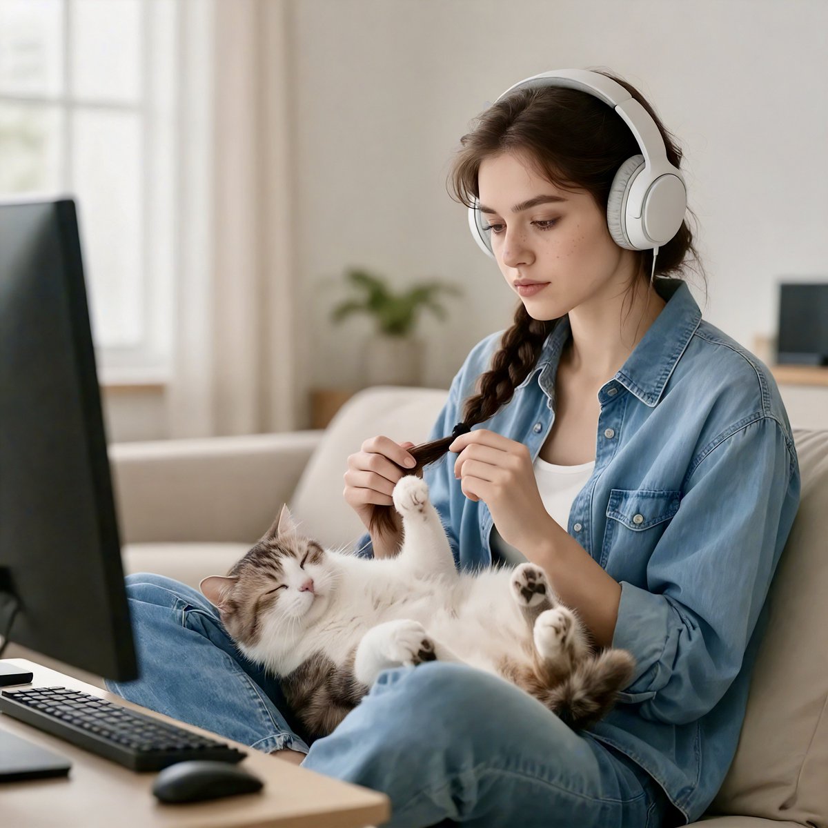 Woman gaming with sleeping cat