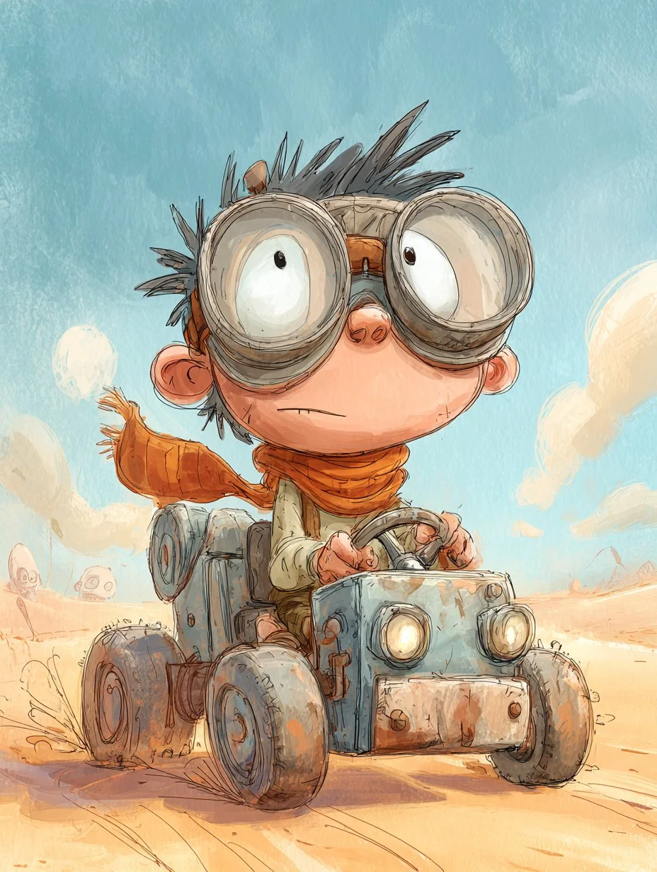 Young Cartoon Boy Driving a Tiny Vehicle in the Desert, Indie Animation Style, Soft Colors, Emotional and Adve