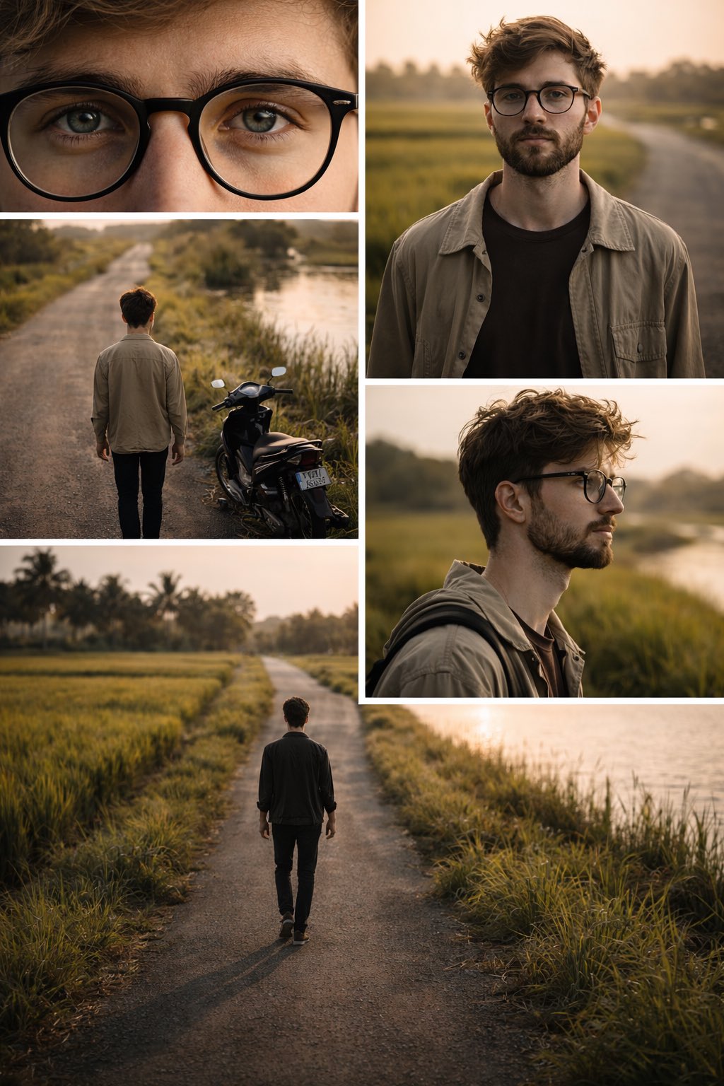Young man by rural roadside near rice fields