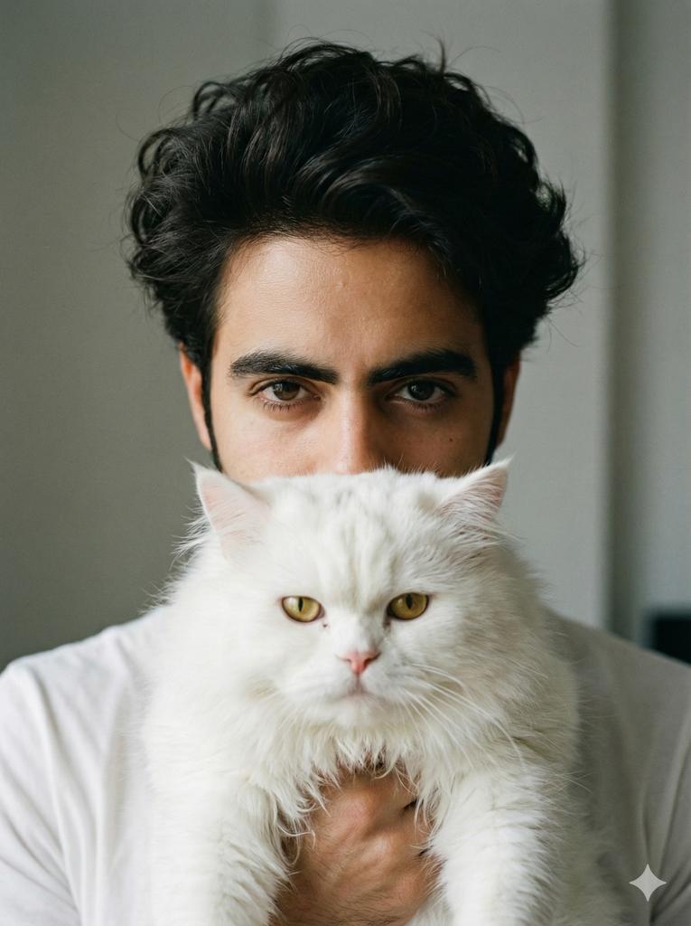 Young Man with Persian Cat Portrait