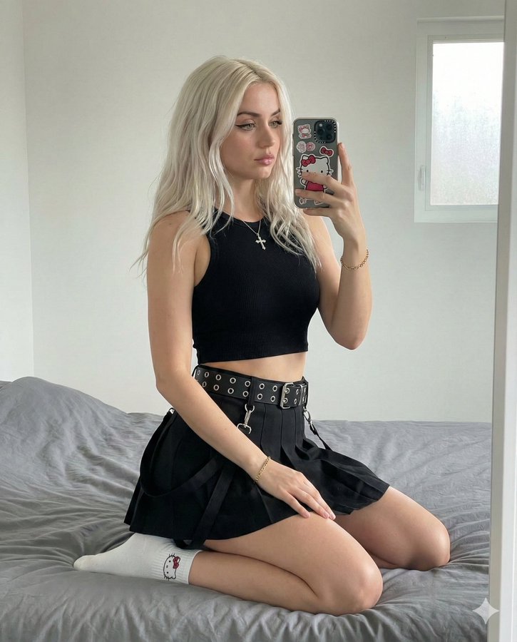 Young Woman Taking Mirror Selfie in Bedroom, Soft Grunge and Kawaii Style