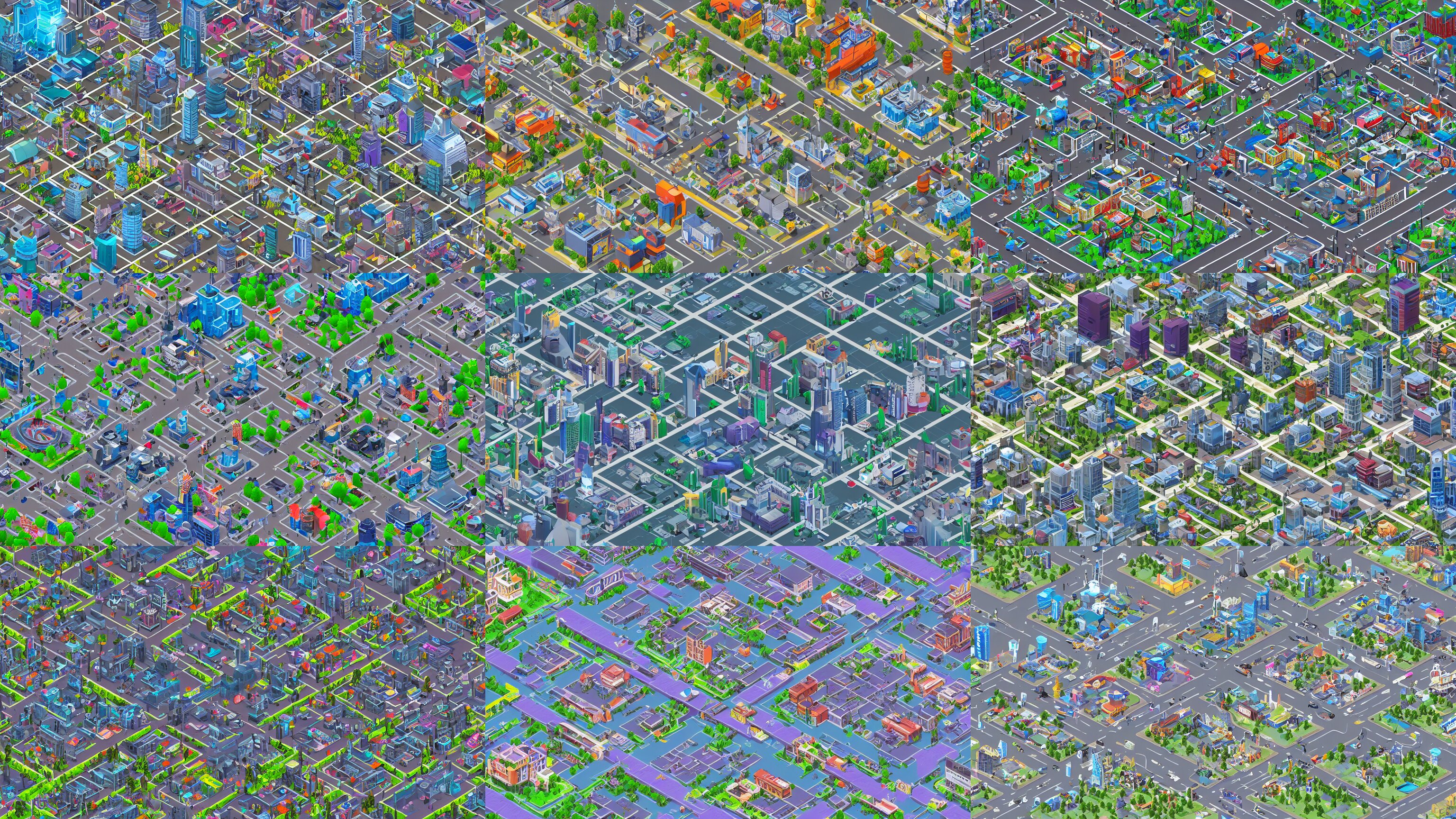 Aerial Isometric View of a Cyber City Filled with Resources
