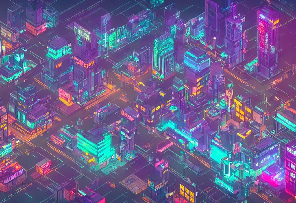 Cyberpunk City Scape in Isometric Style