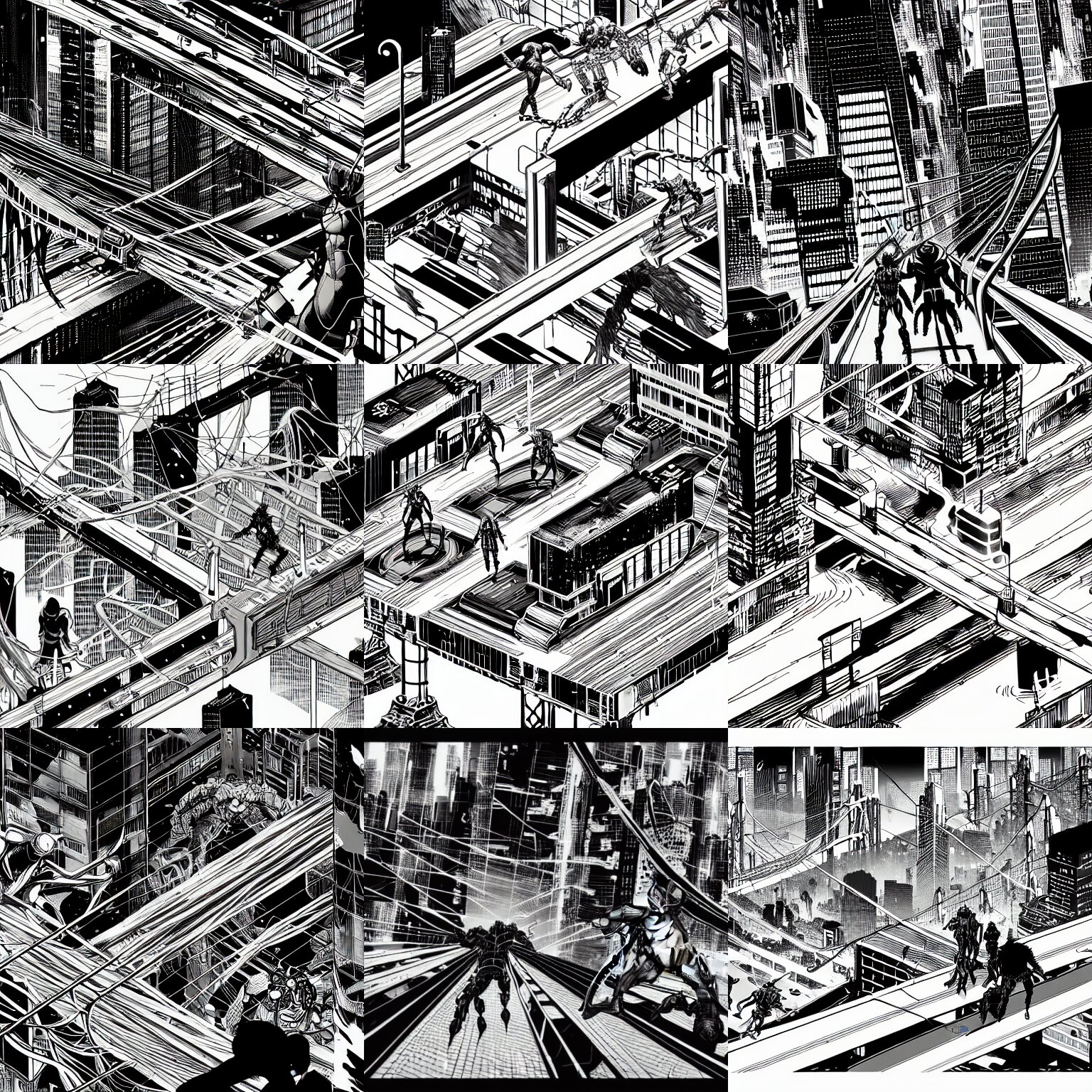 Black and White Avengers Fight Each Other on the Bridge with Wires and Monsters