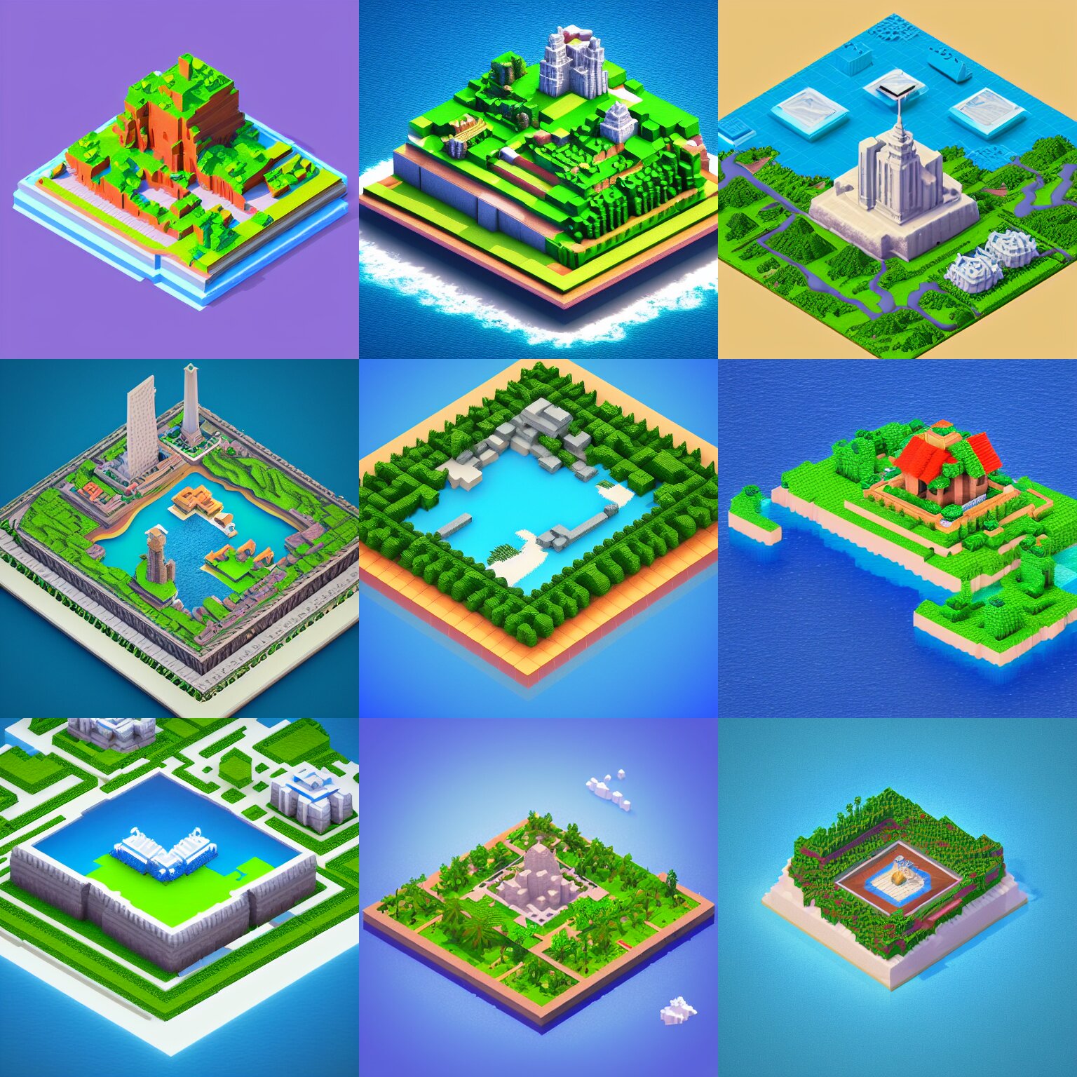 Isometric Square 3d Render of Voxel Island with Big Building on the Center
