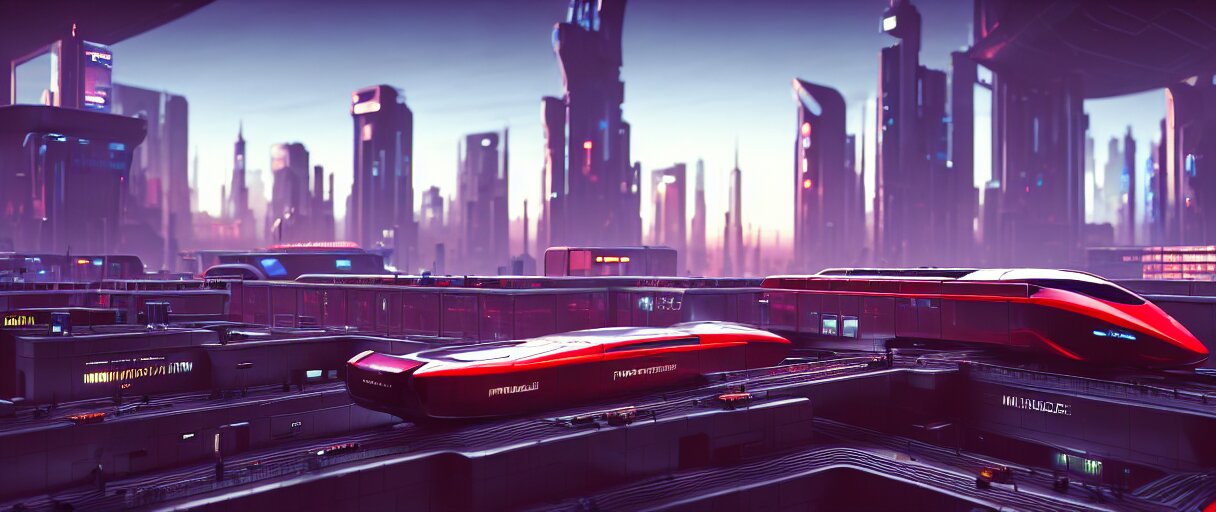 Futuristic City Center with Maglev Train Station in Background