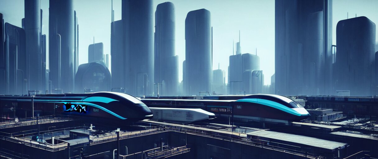 Futuristic City Center with 890J Maglev Train in Background