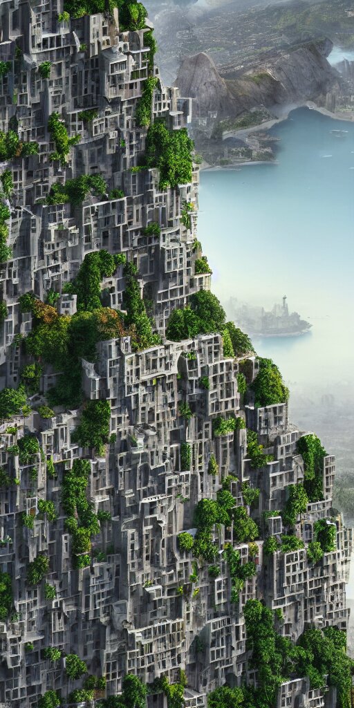 Isometric of a Skyscraper City Built into the Side of a Cliff