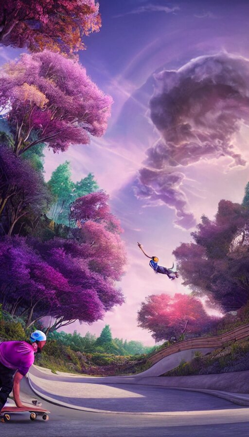 Skateboarder Going Downhill Towards a Magical Portal and Purple Trees in the Distance