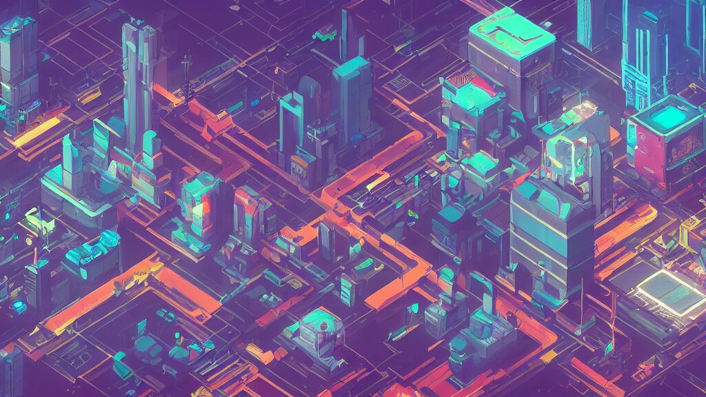 Isometric View of Cyberpunk City Digital Art