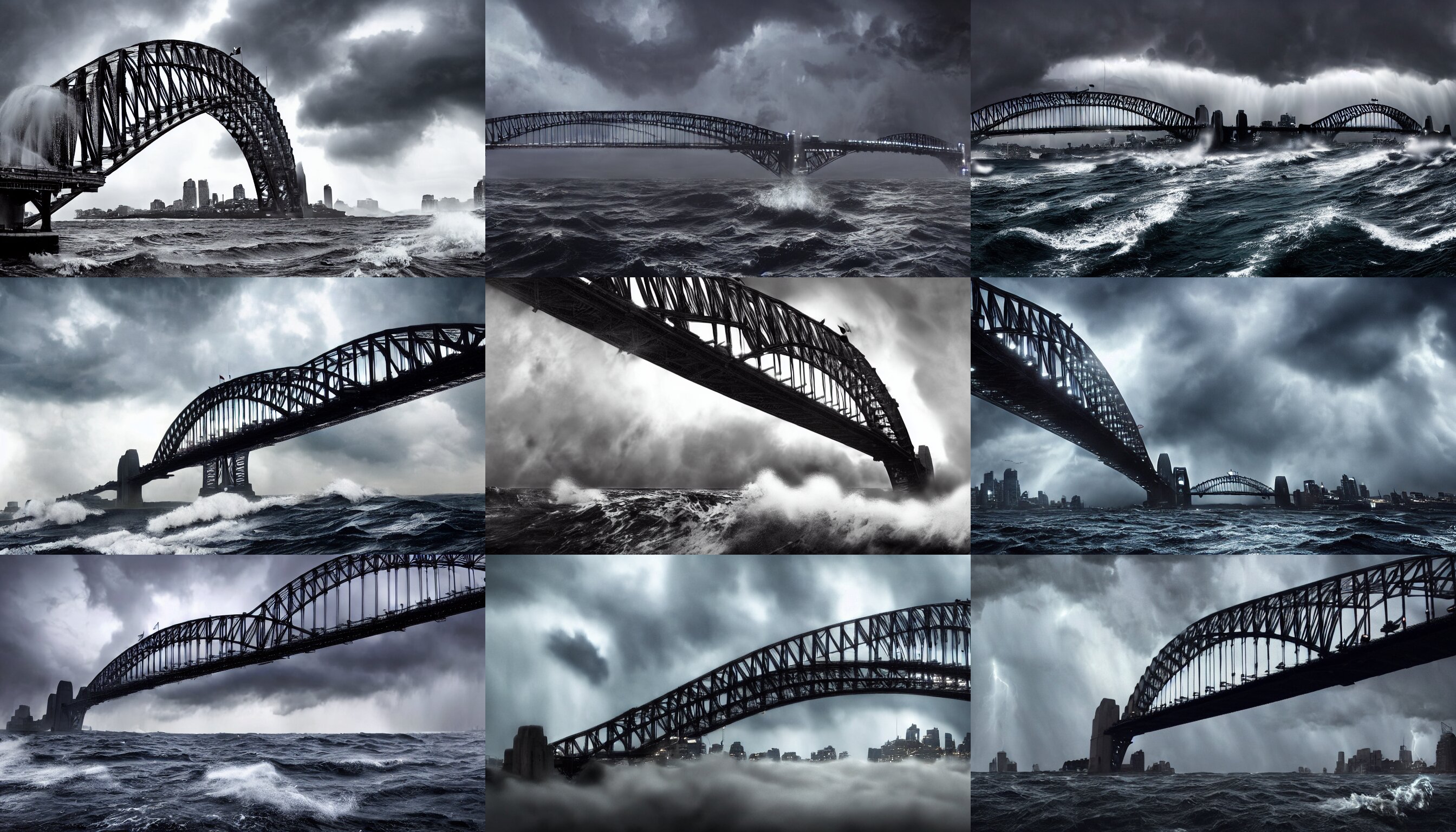 Epic Realistic Eerie Picture of Sydney Harbor Bridge over Stormy Ocean