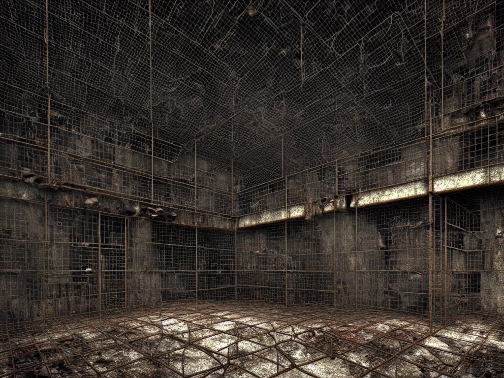 Giant Underground Very Gloomy Multi-layered Structure of Rusty Thick Iron Grids