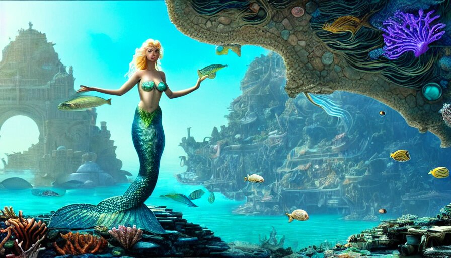 Beautiful Mermaid Looking at the Sunken City of Atlantis under Water