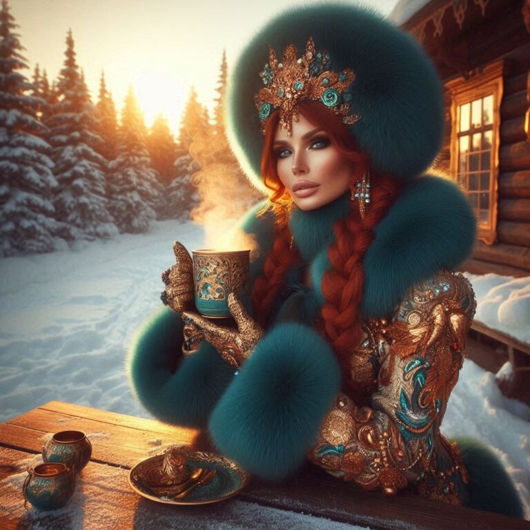 Winter Wonderland Sunset Scene with Red-Haired Woman