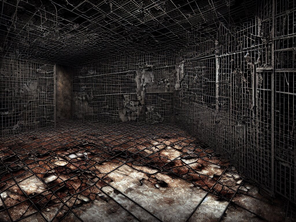 Underground Very Dark Macabre Multi-layered Structure of Rusty Thick Iron Grids
