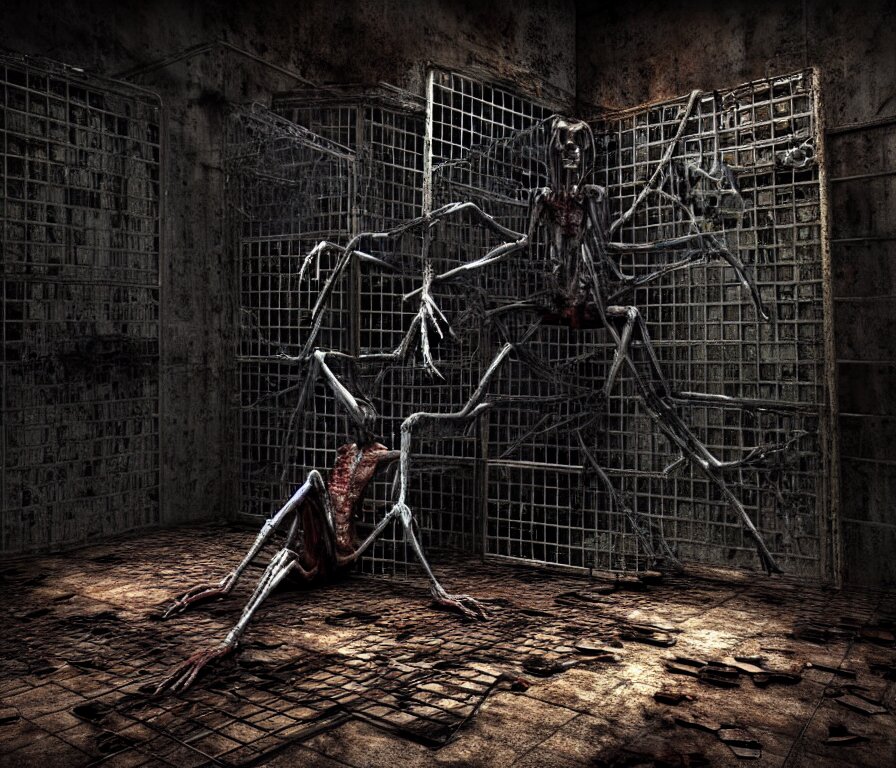 Creepy Huge Suffering Humanoid with Long Limbs Sits on the Floor