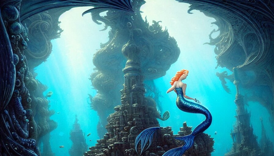 Graceful Beautiful Mermaid Looking at the Sunken City of Atlantis Deep under Water