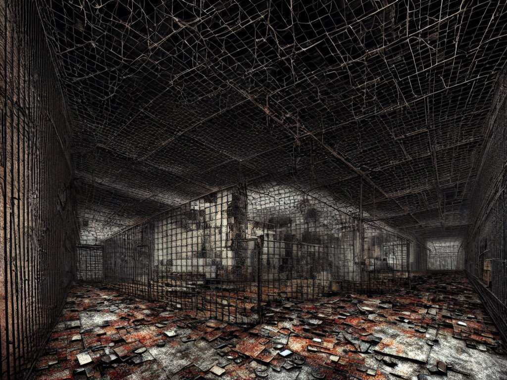 Underground Very Dark Gloomy Multi-layered Structure of Rusty Thick Iron Grids