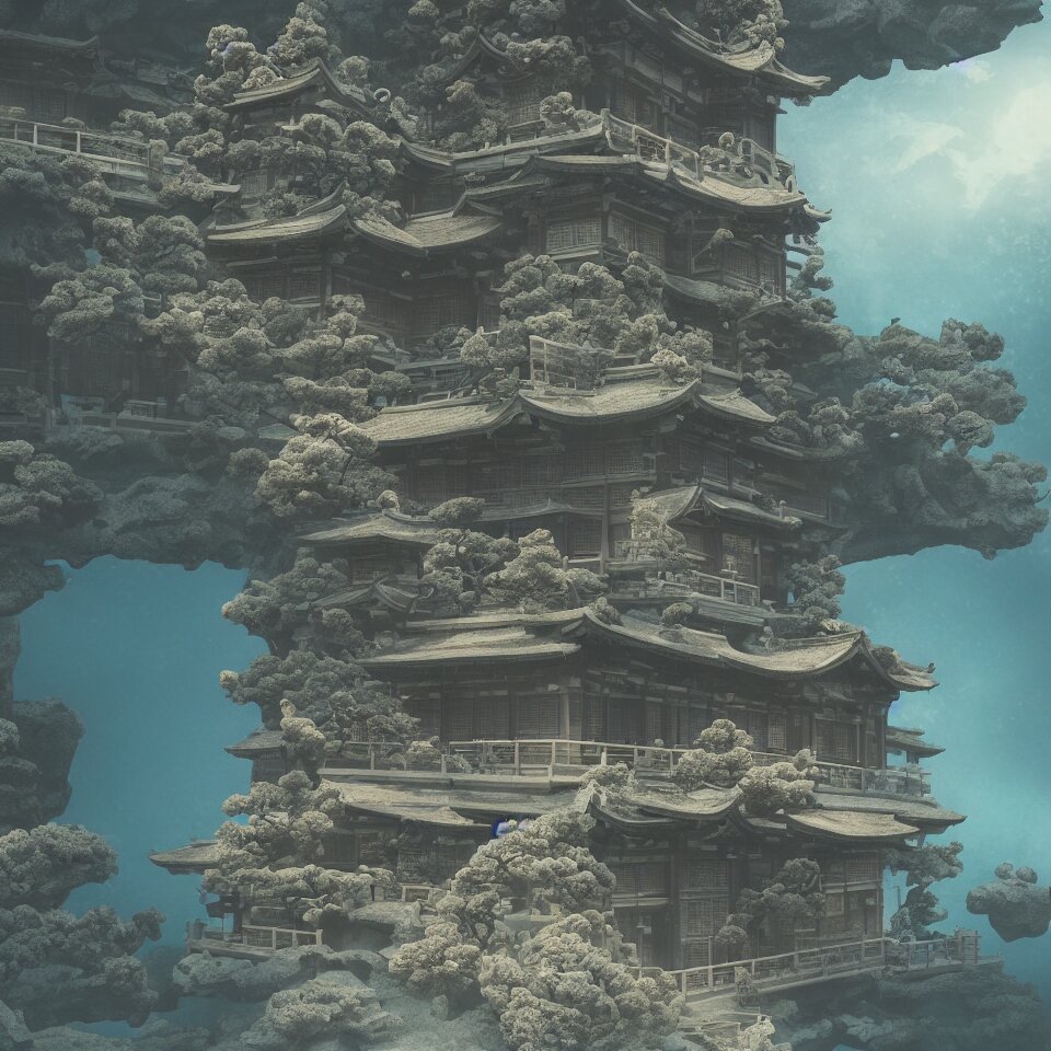 Ancient Japanese Architectural Building under the Sea