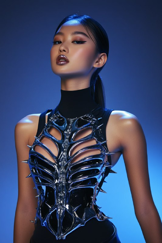Futuristic Woman in Chrome Death Metal Corset