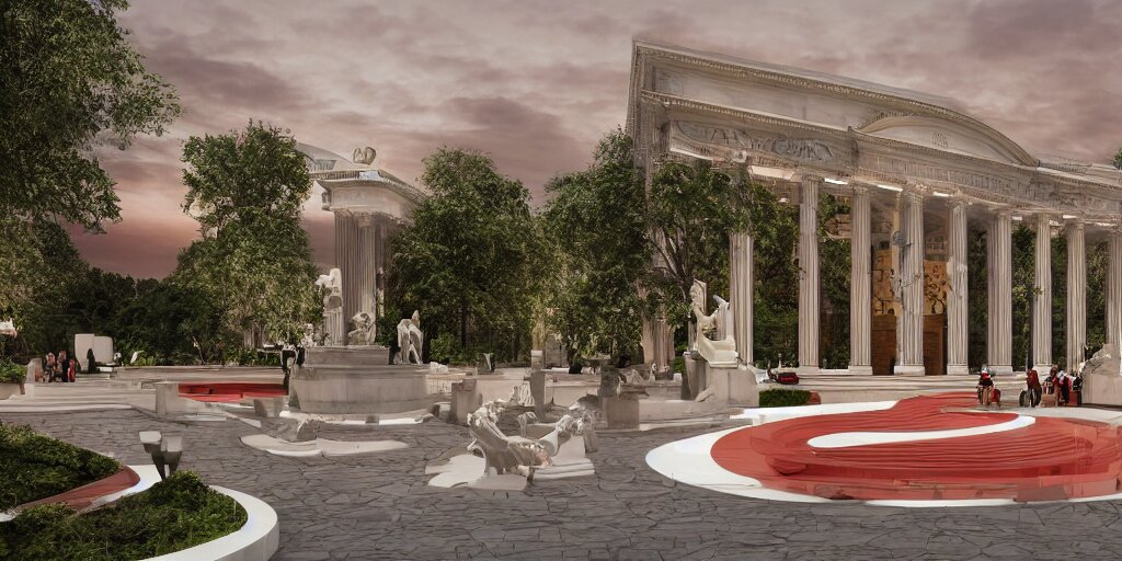 3d Rendering of Beautiful Nature Meets Neoclassical Architecture Concept of a Medium Town