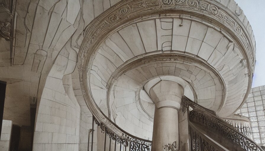 Huge Neoclassical Brutalist Spherical Building with Very High Walls and Spiral Stairs