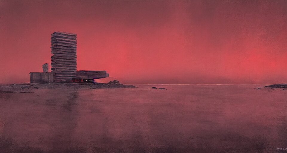 Seaside Brutalist Building Bathed in Crimson Light