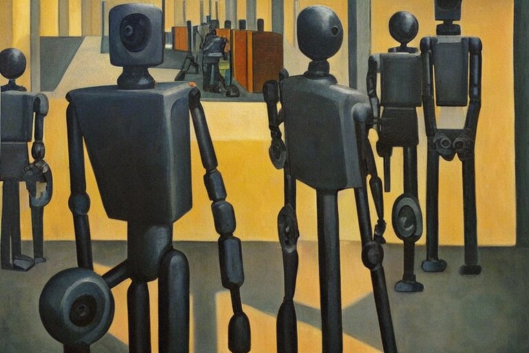 Drab Slave Human Workers Building Robots