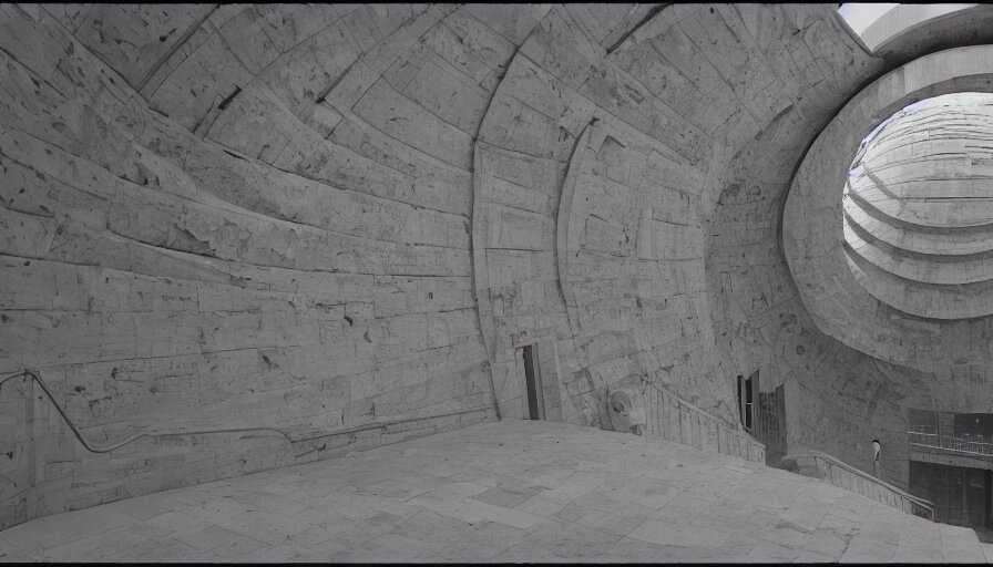 Huge Neoclassical Brutalist Spherical Building with Very High Walls and Stairs