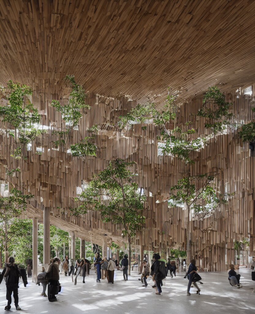 Interior of a Brutalist Building Made of Wood