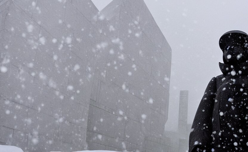 Black and White Photo of Snow Falling on a White Statue Wearing a Puffer Jacket