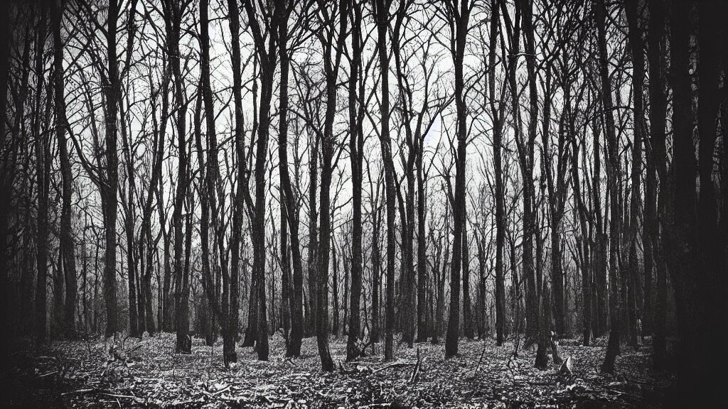 “dark Gritty Quiet Deserted Forest Surrounded by Brutalistic Buildings”