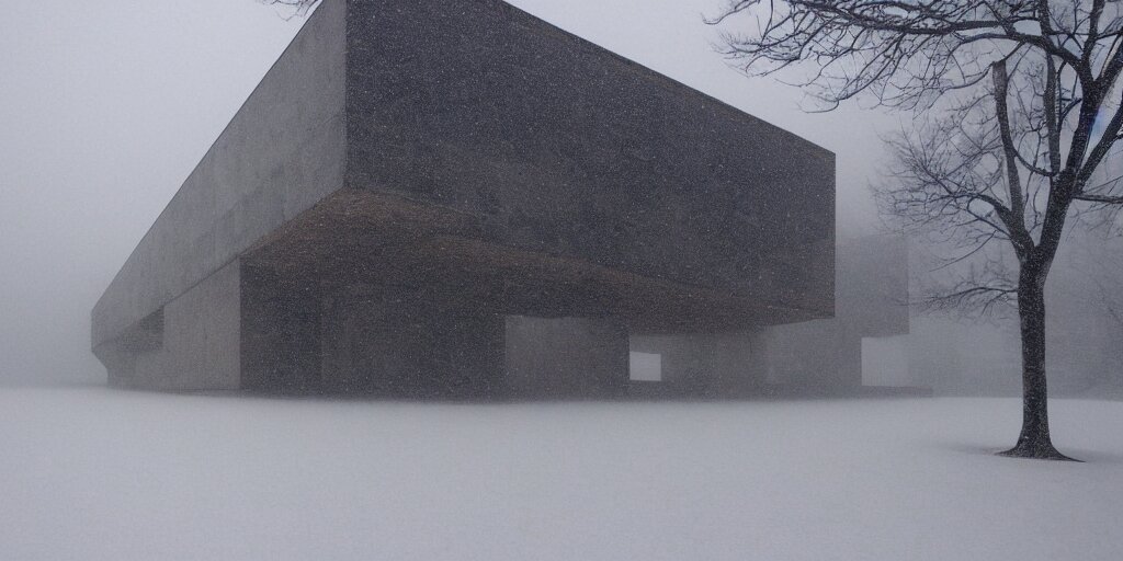 Snow Falling on Complex and Beautiful Brutalist Buildings