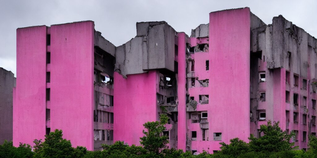 Photo of a Brutalist Building Ruins with Accents of Pink and Cyan