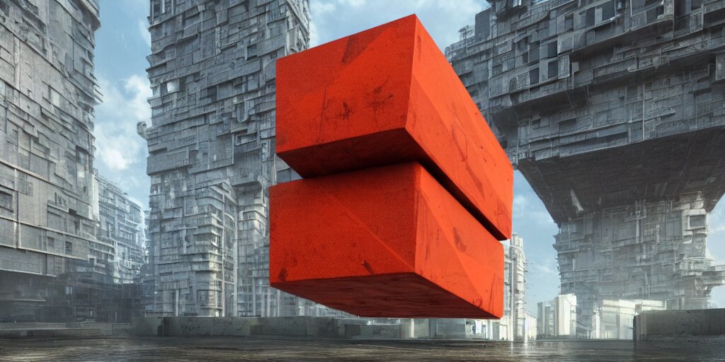 Highly Detailed Futuristic Huge Cube with Red and Orange Glow