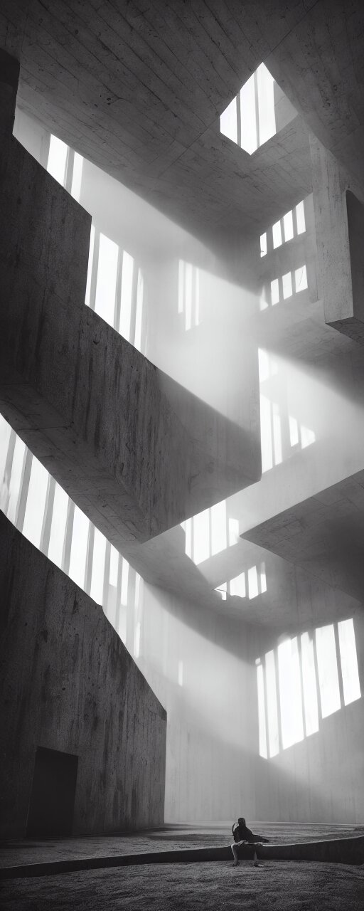 Hyper Realistic Interior Brutalist Building with a Person Floating