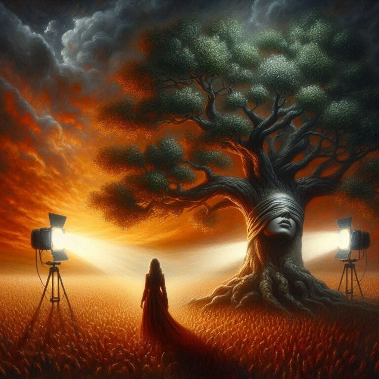 Blindfolded Woman Under Lit Oak