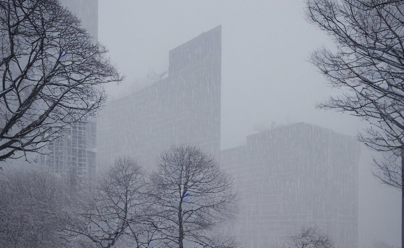 Snow Falling on Brutalist High Rise Buildings