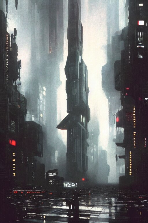 Front View of a Large Brutalist Futuristic Large Bladerunner Building Brooding
