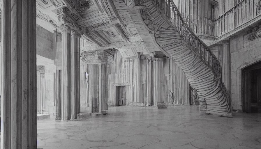 Huge Neoclassical Brutalist Building Interior with Very High Walls and Spiral Stairs