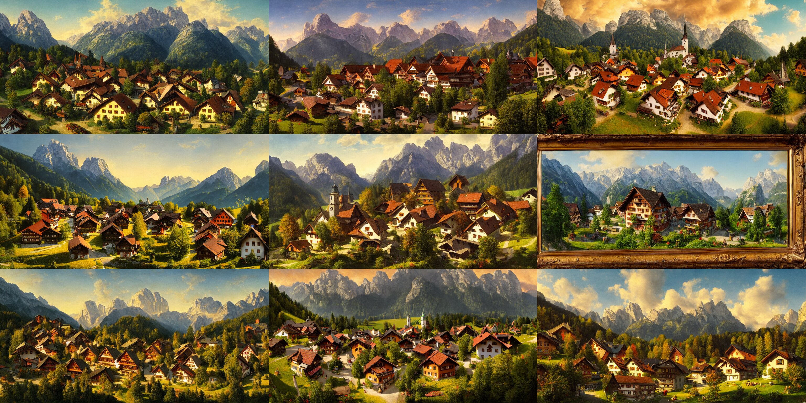 Matte Painting of Village Szene in Beautiful Mountain Landscape in the Bavarian Alps