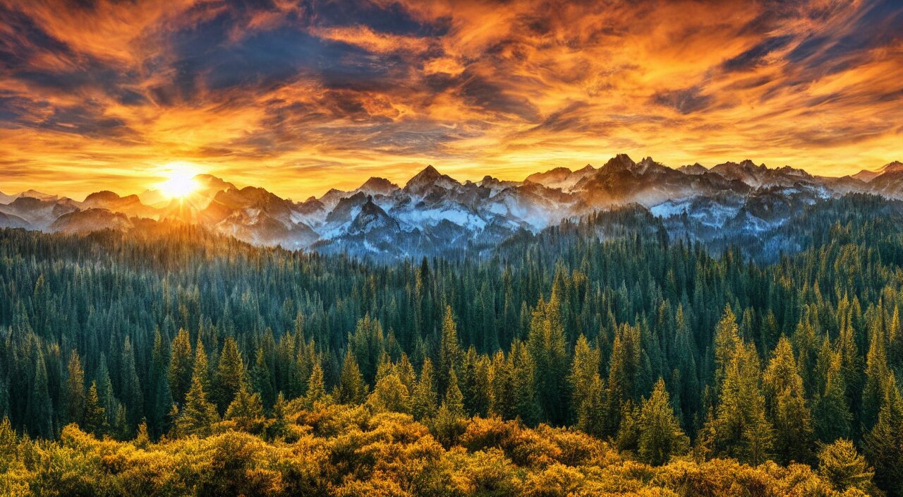 Epic Forest Mountain Landscape with a Majestic Sunrise