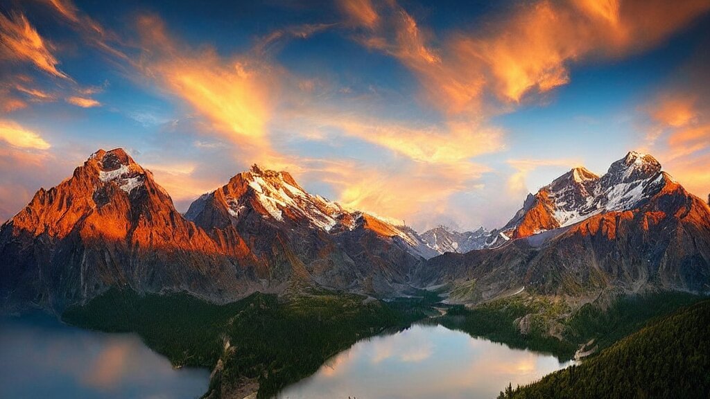 Amazing Eagleview Landscape Photo of Mountains with Lake in Sunset
