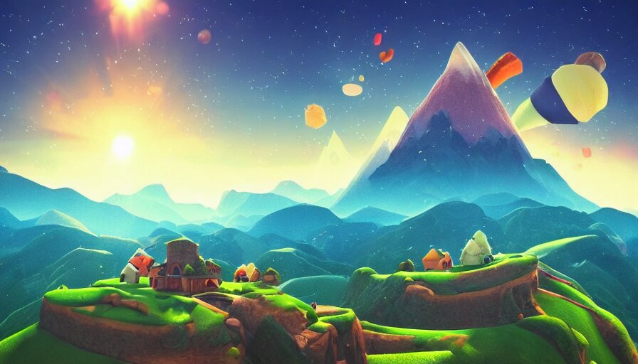 Beautiful Mountain Landscape Photography in the Style of Super Mario Galaxy
