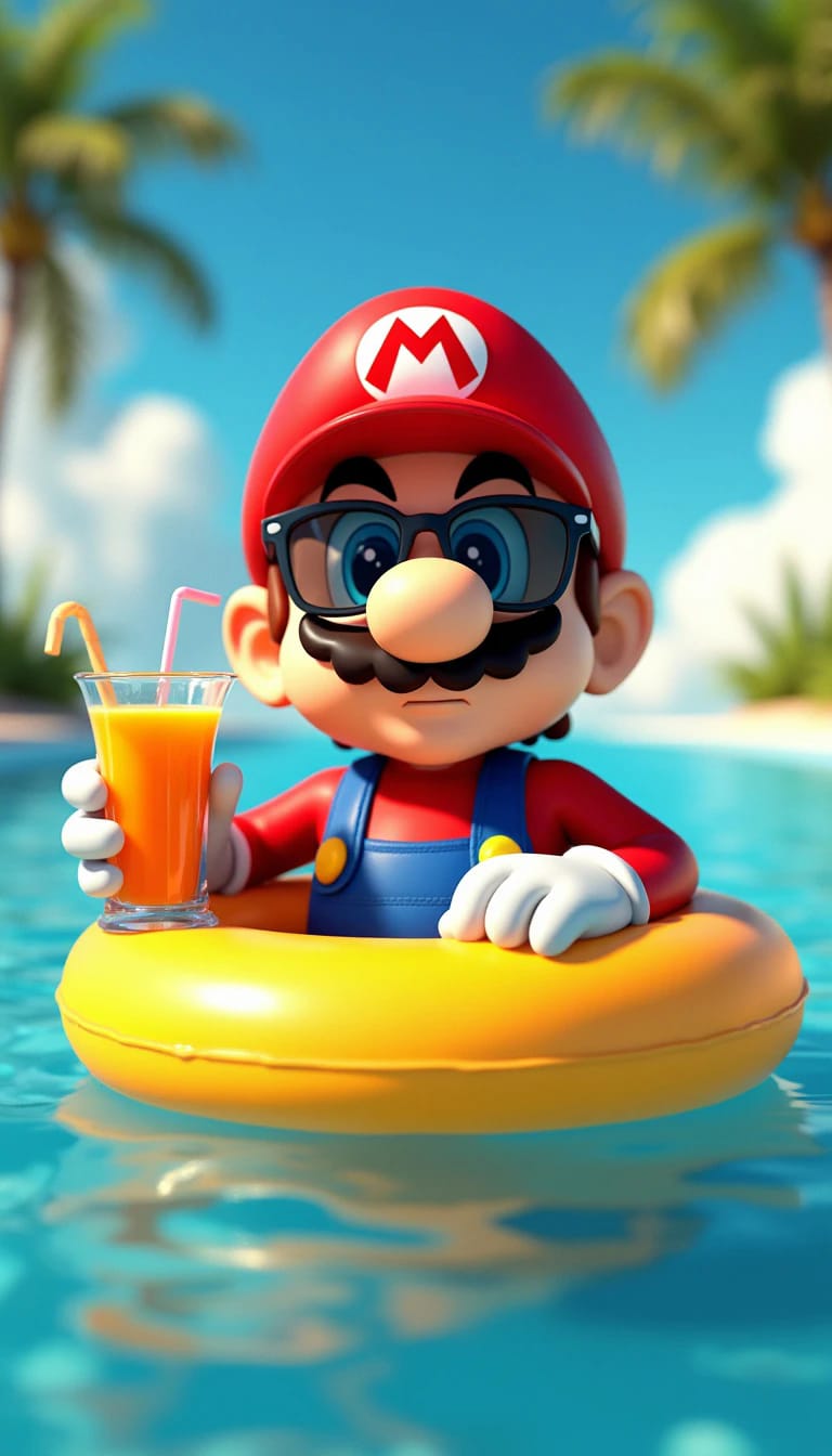 Super Mario Relaxing in Inflatable Ring