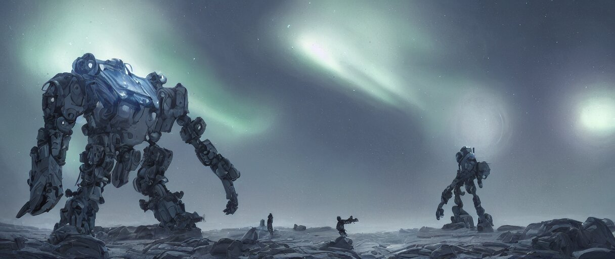 Epic Portrait Mech Robots Walking Inside a Dead World Full of Rocks and Northern Lights
